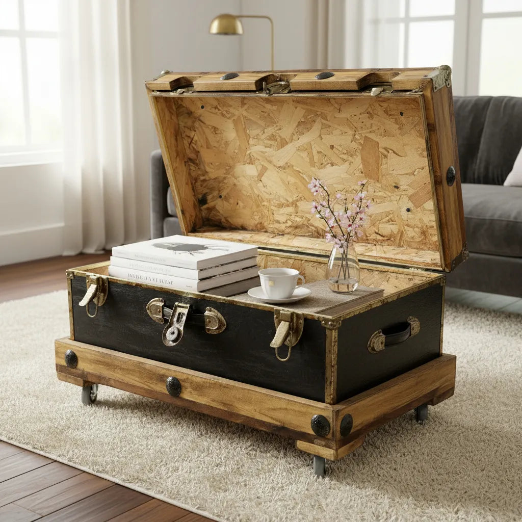 Mesa De Centro Con Baul Petaca Velis Negro Antiguo Azul