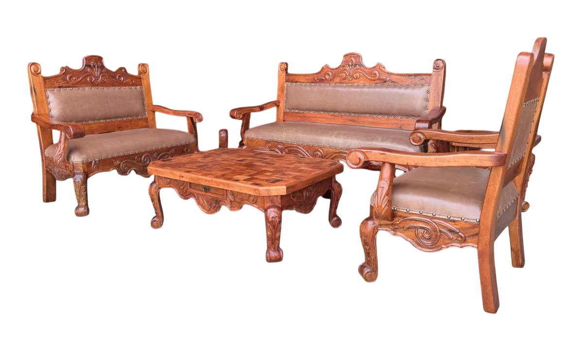 Sala De Madera De Mezquite Labrada Piel Conquista 100% Nueva Marrón