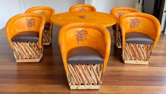 Equipal Dining Room 6 Chairs Aztec Pyrography Antique Style.