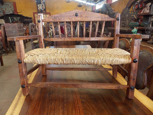 Wooden bench with antique-style fabric. For children.