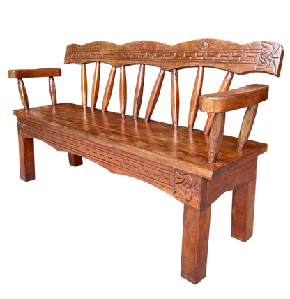 Antigua Y Original Banca Madera De Mezquite Labrada A Mano