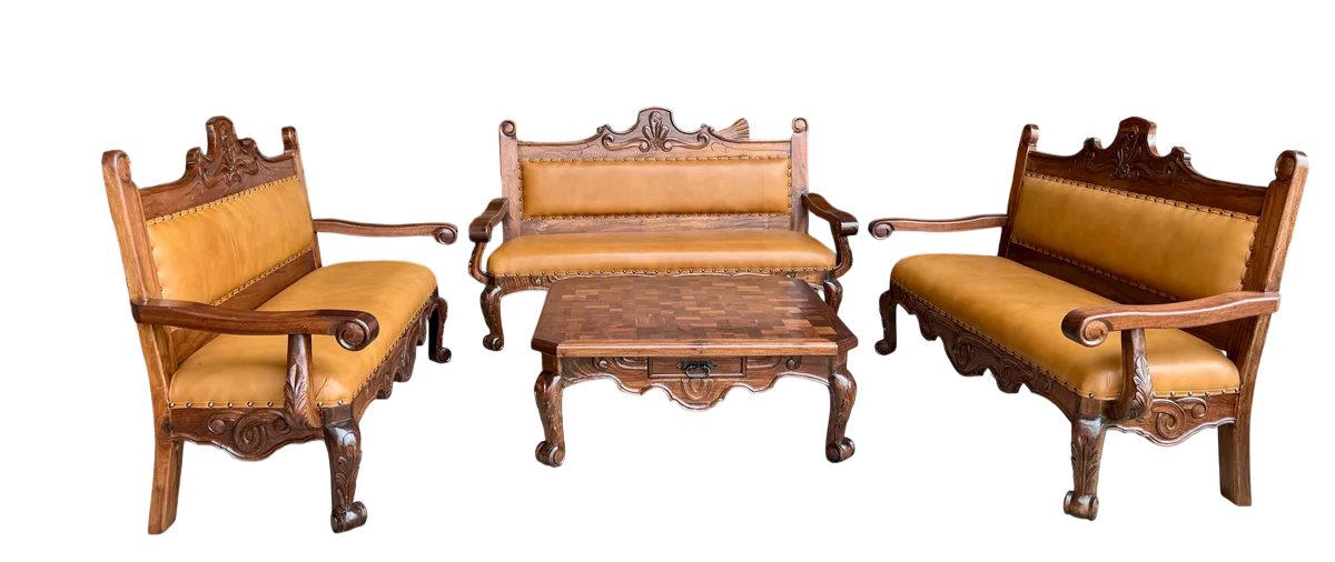 Sala De Madera Mezquite Labrada Y Piel Conquista 100% Nueva Marrón