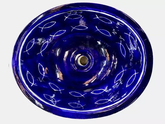 Medium Oval Sink, Fine Talavera, Antique Style. Fish 01