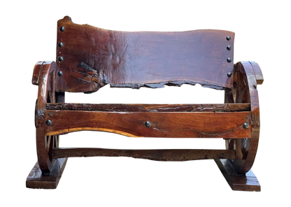 Banca de madera de mezquite antigua de 2 pulgadas (5 cm) de grosor, hecha a mano, para 2 personas, con respaldo antiguo, ruedas originales, más de 100 años