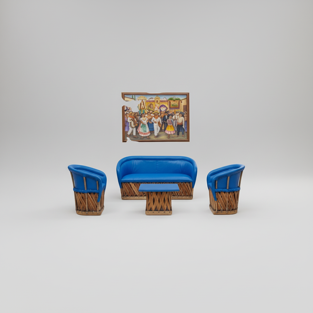 Equipal de Sala Azul con Piel de Cerdo 5 Piezas con Mesa