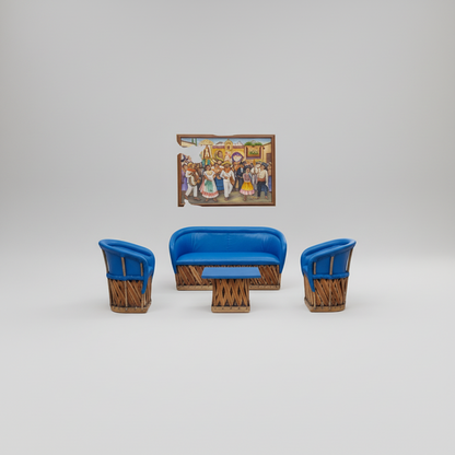 Equipal de Sala Azul con Piel de Cerdo 5 Piezas con Mesa