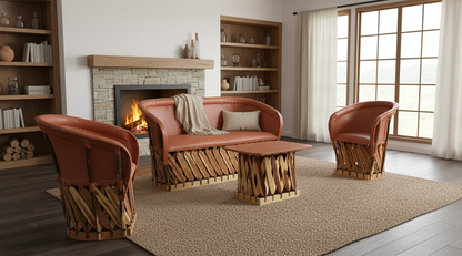 Sala Artesanal De Equipal En Madera Y Piel Estilo Antiguo..