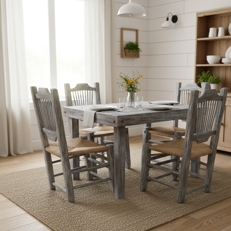 Comedor Artesanal Vintage Madera Sustentable Sillas Tejidas.