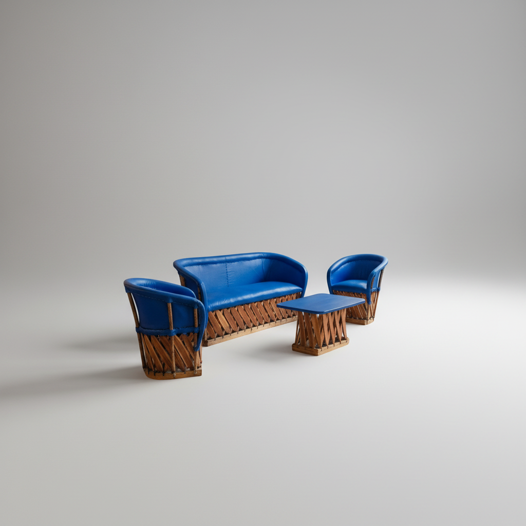 Equipal de Sala Azul con Piel de Cerdo 5 Piezas con Mesa