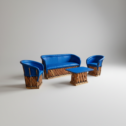 Equipal de Sala Azul con Piel de Cerdo 5 Piezas con Mesa