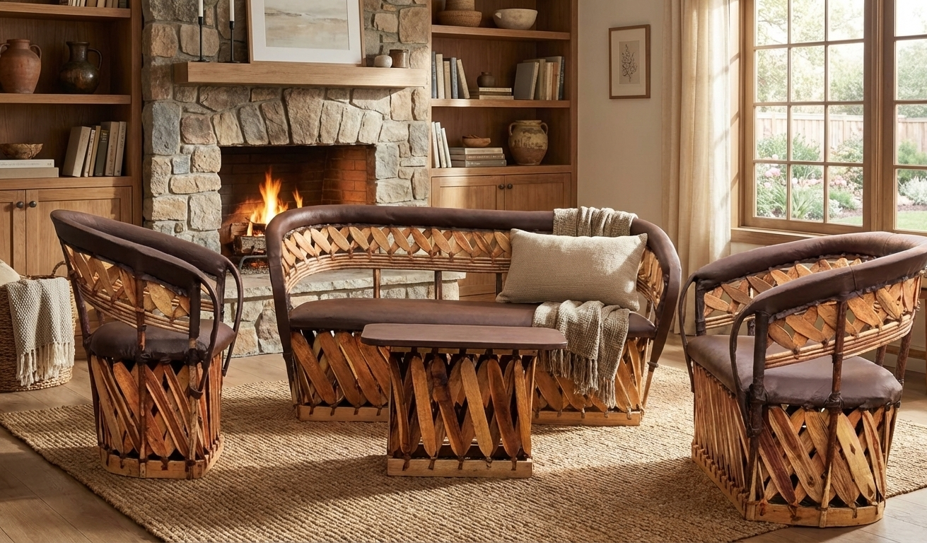 Handcrafted Room Made of Equipal Wood Leather in Antique Stakes Style