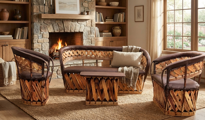 Handcrafted Room Made of Equipal Wood Leather in Antique Stakes Style