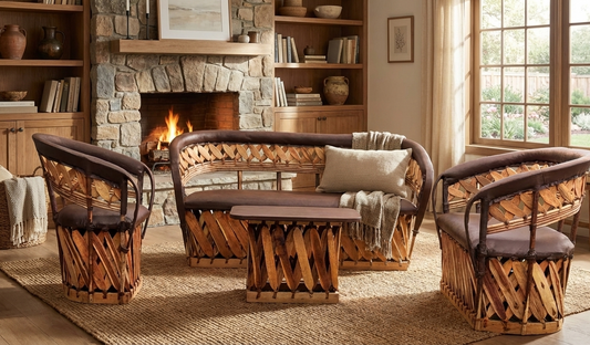 Sala Artesanal De Equipal Madera Piel Estilo Estacas Antiguo