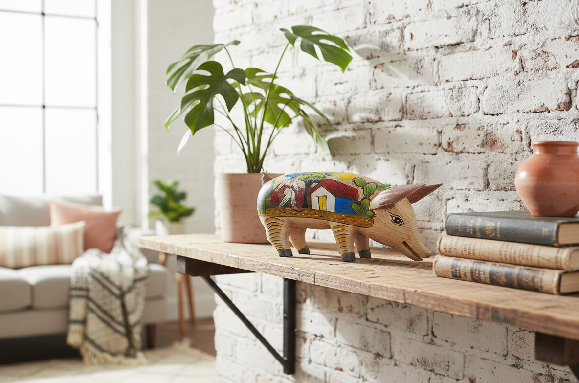 Antigua Escultura Cerdo Puerco Decorado Al Óleo. Oleo