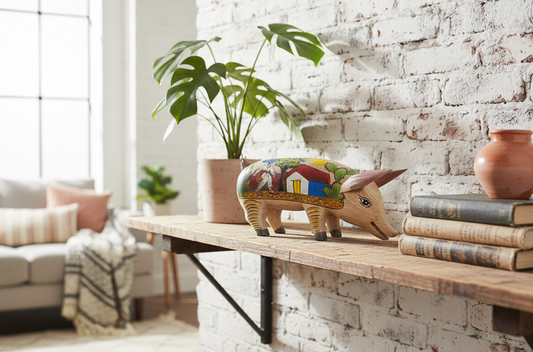 Antigua Escultura Cerdo Puerco Decorado Al Óleo. Oleo