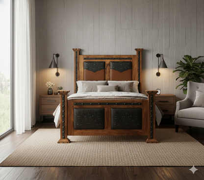 Recamara Madera De Mezquite Y Piel Estilo Antiguo Queen Marrón Claro