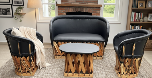 Gran Sala Artesanal De Equipal Madera Y Piel Estilo Antiguo