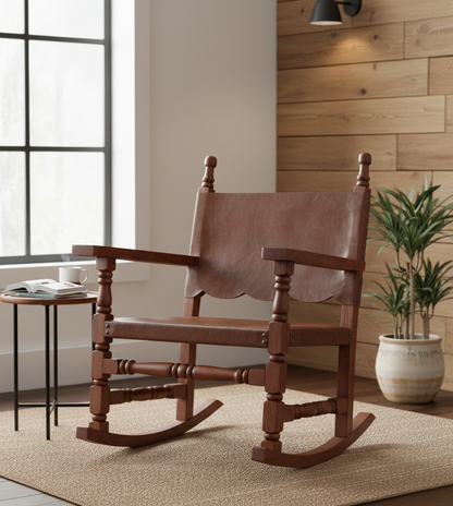 Silla Mecedora En Madera De Mezquite Y Piel Tallada A Mano Estilo Antiguo.