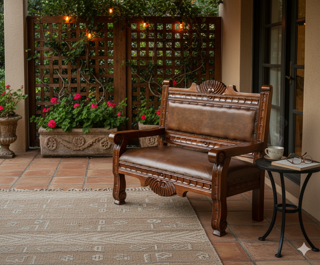 Sofa Love Seat Labrado Madera Mezquite Piel Estilo Hacienda.