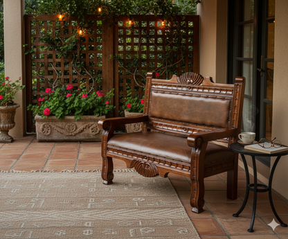 Sofa Love Seat Labrado Madera Mezquite Piel Estilo Hacienda.