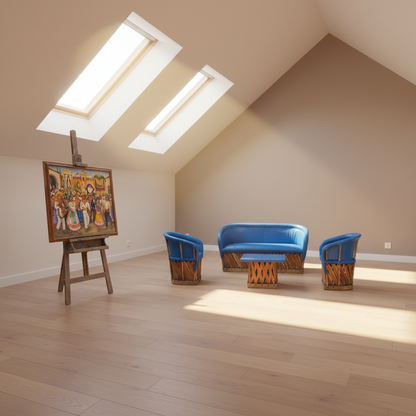 Equipal de Sala Azul con Piel de Cerdo 5 Piezas con Mesa