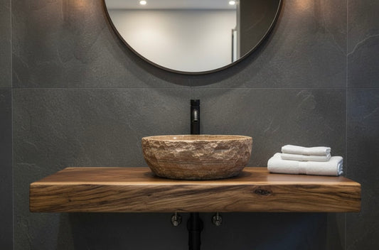 Round countertop sink in fine antique-style marble. 