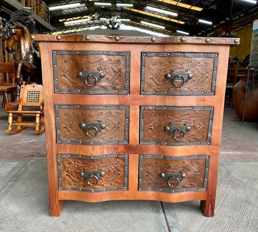 Comoda Cajonera De Madera Cedro Encino Y Piel Estilo Antiguo