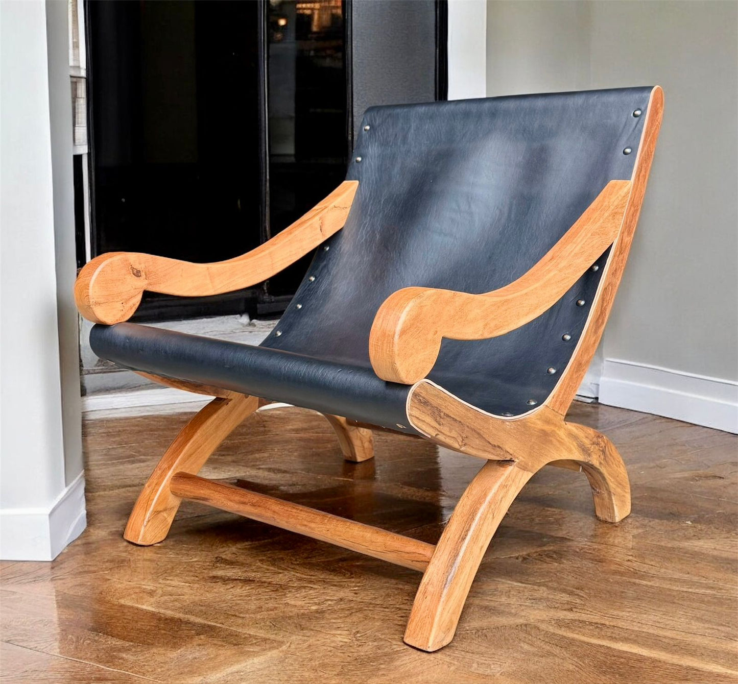 Sillon Miguelito De Mezquite Y Piel Estilo Antiguo