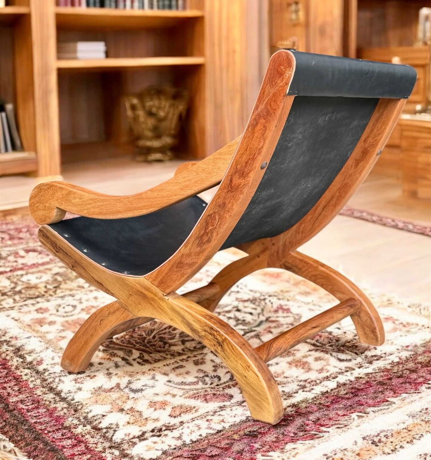 Sillon Miguelito De Mezquite Y Piel Estilo Antiguo