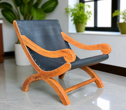 Sillon Miguelito De Mezquite Y Piel Estilo Antiguo