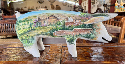 Antigua Escultura Cerdo Puerco Decorado Al Óleo. Oleo