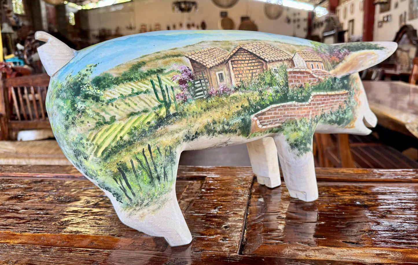 Antigua Escultura Cerdo Puerco Decorado Al Óleo. Oleo