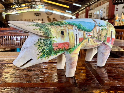 Antigua Escultura Cerdo Puerco Decorado Al Óleo. Oleo