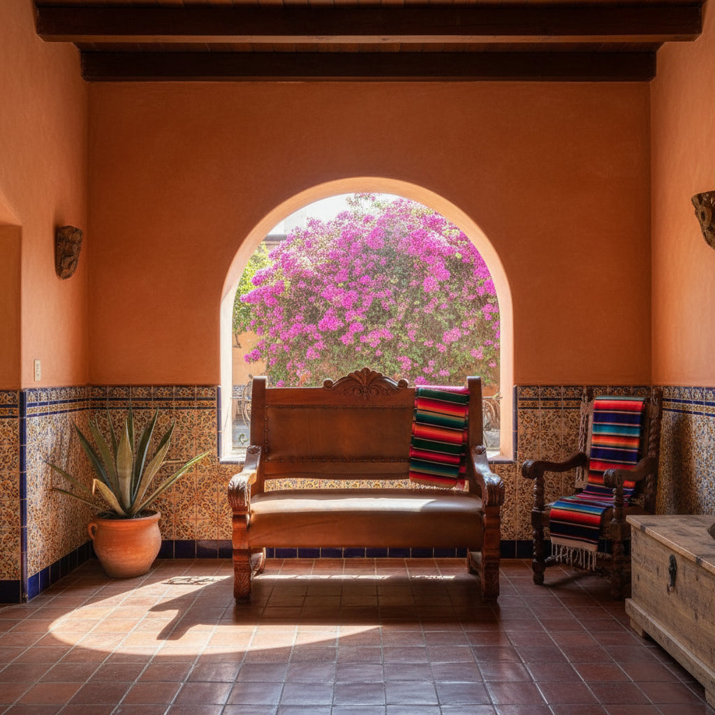 Sala Madera Mezquite Labrada Piel Estilo Antiguo Marrón