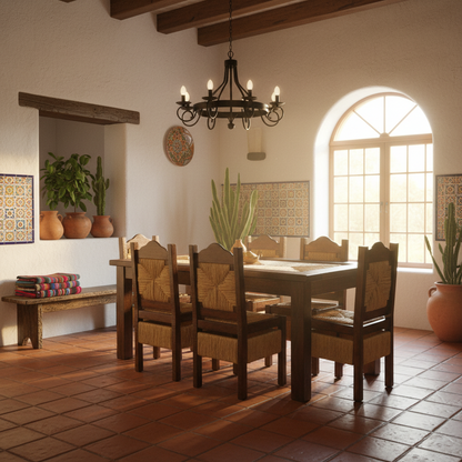 Hermoso Comedor Artesanal De Madera Sustentable Y Tejido En La Cubierta De La Mesa Y 8 Sillas