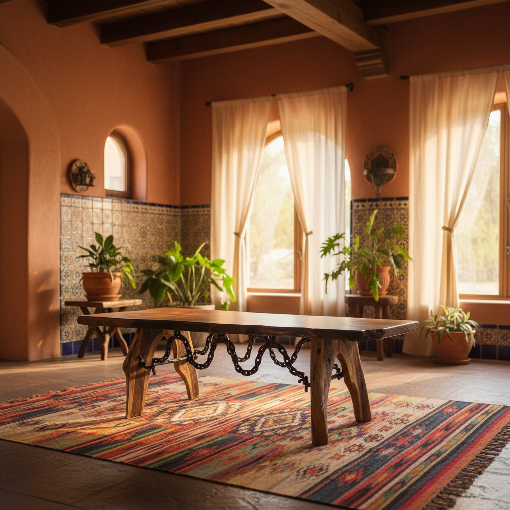 Mesa de Parota con Cadena de Hierro Forjado | Madera de Parota, Hierro Forjado, Patas de Madera, Diseño Rústico, Artesanal
