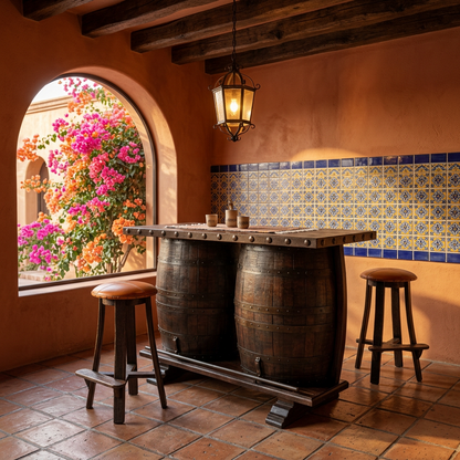 Cantina de Mezquite con Barriles Antiguos y Hierro Forjado