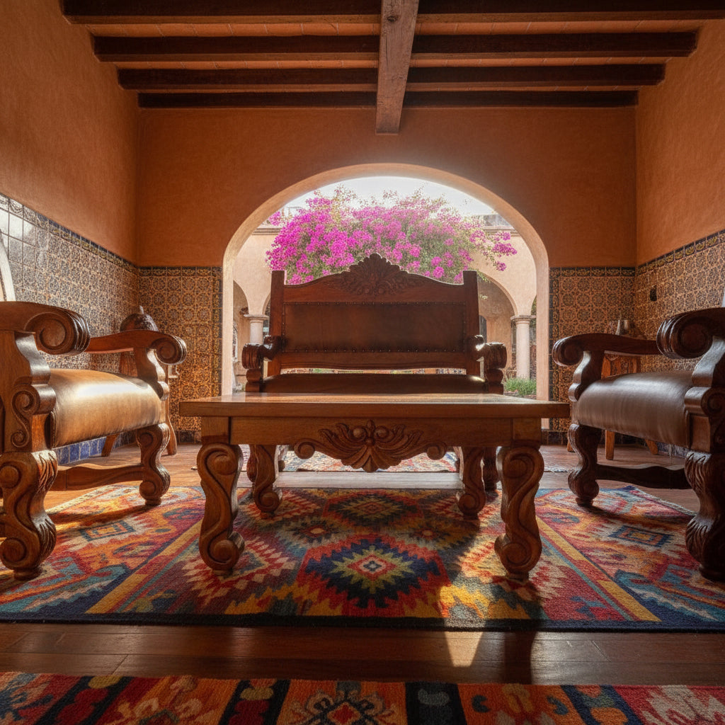 Sala Madera Mezquite Labrada Piel Estilo Antiguo Marrón