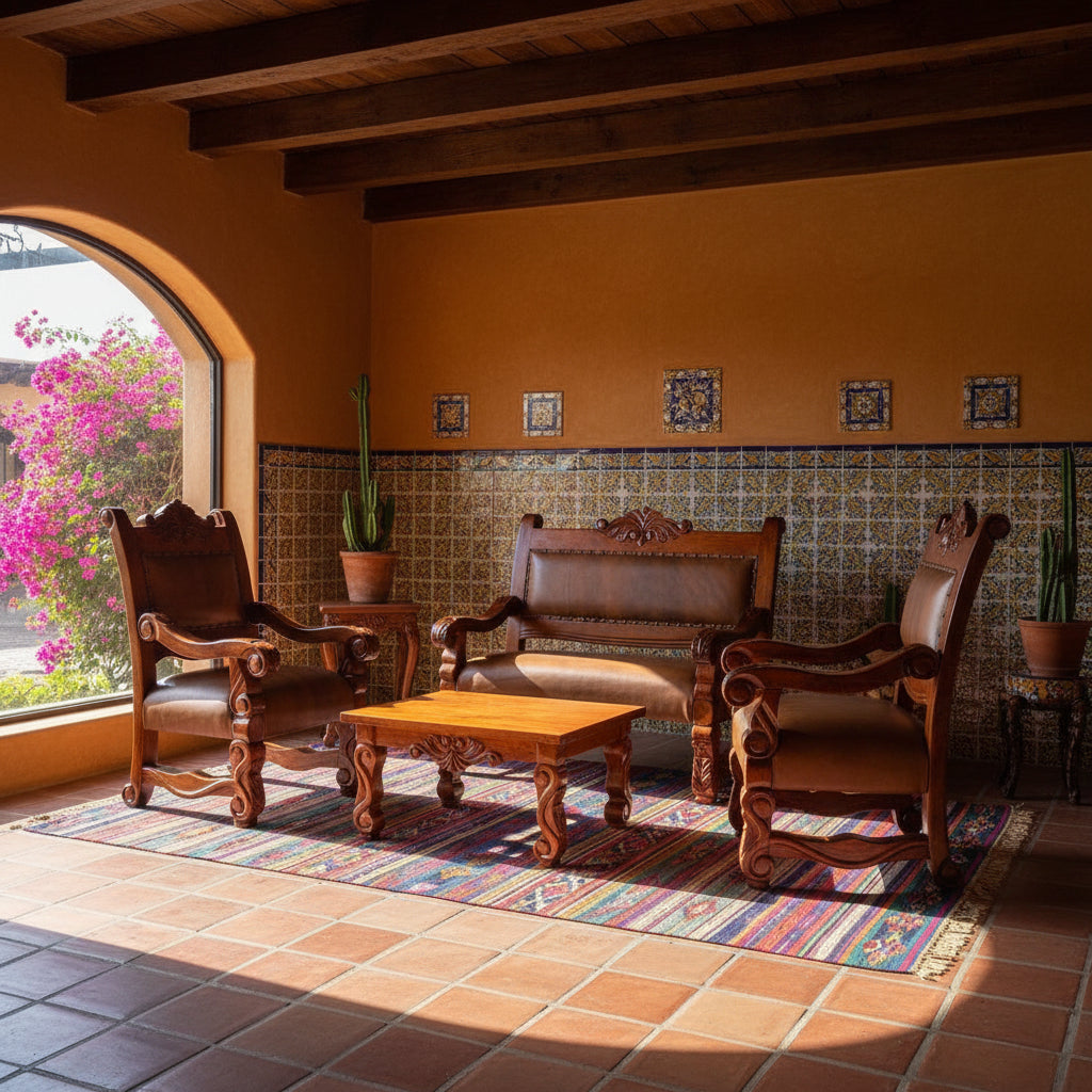 Sala Madera Mezquite Labrada Piel Estilo Antiguo Marrón