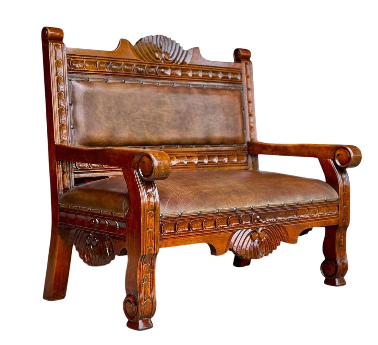 Sofa Love Seat Labrado Madera Mezquite Piel Estilo Hacienda.