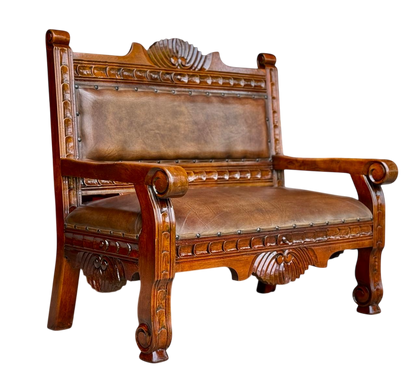 Sofa Love Seat Labrado Madera Mezquite Piel Estilo Hacienda.