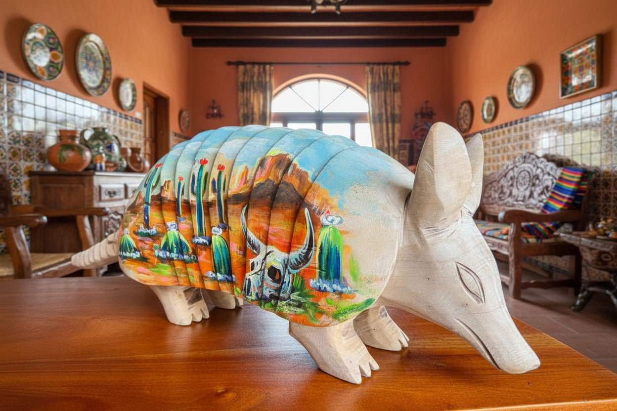 Escultura Armadillo Madera Al Óleo Estilo Antiguo 100% Nueva Oleo