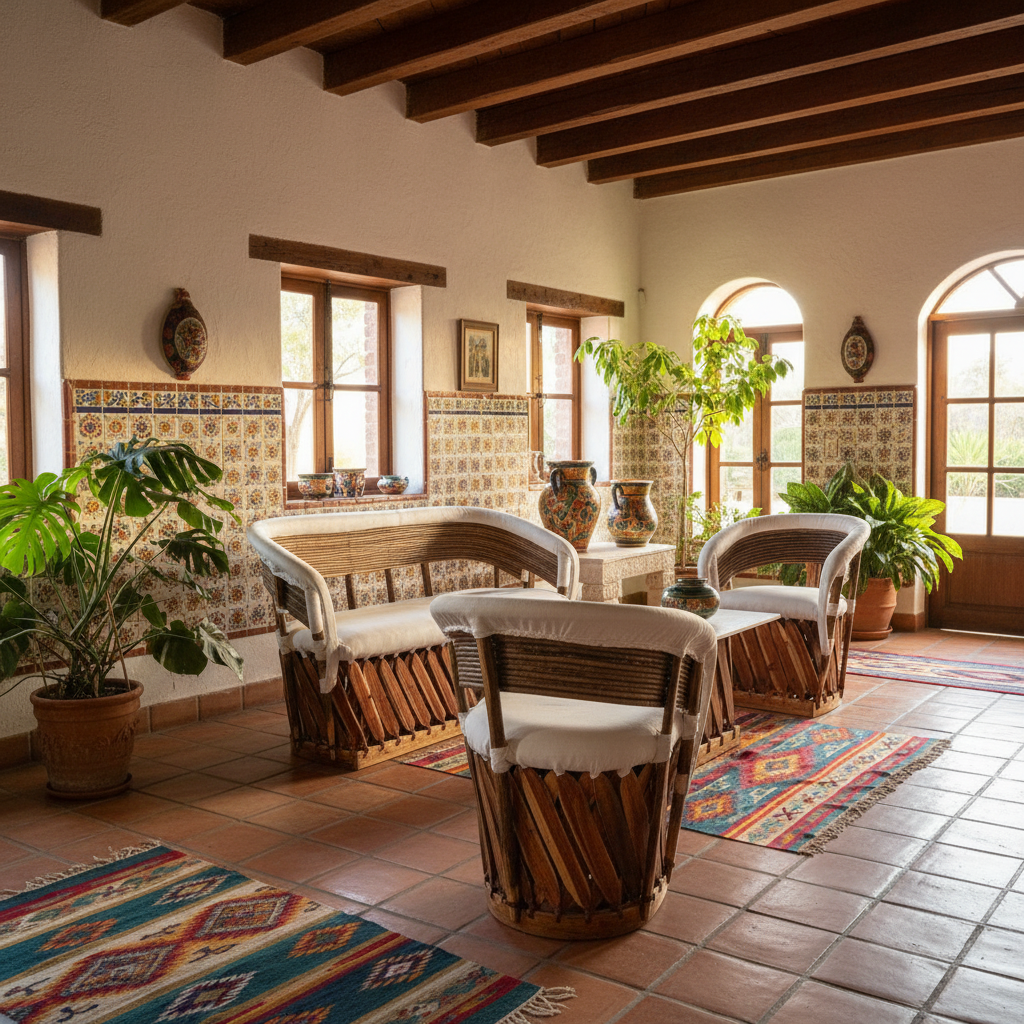 Sala Artesanal Para 4 Personas Estilo Equipal De Varas