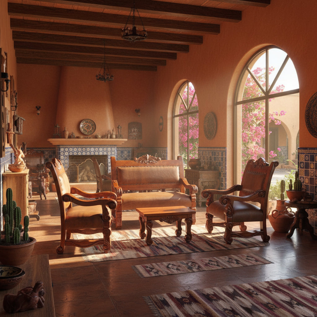 Sala Madera Mezquite Labrada Piel Estilo Antiguo Marrón