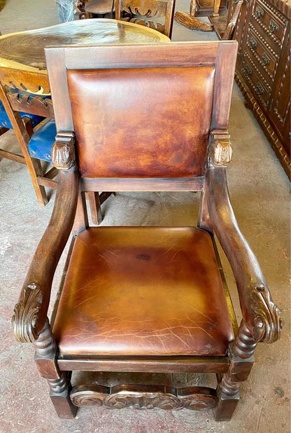 Sillon De Madera De Mezquite Tallado A Mano Y Piel