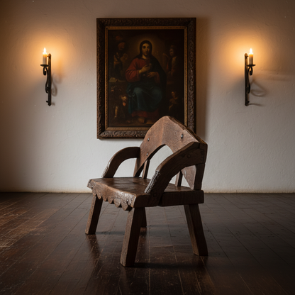Banco de mezquite antiguo en sala interior con piso de madera y luz de vela