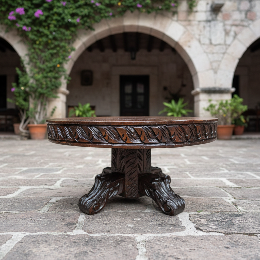 Mesa de mezquite tallada en patio colonial con arco de piedra