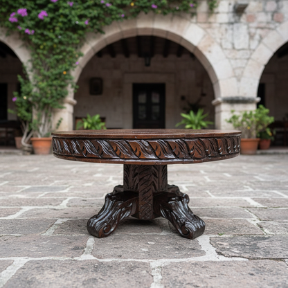 Mesa de mezquite tallada en patio colonial con arco de piedra