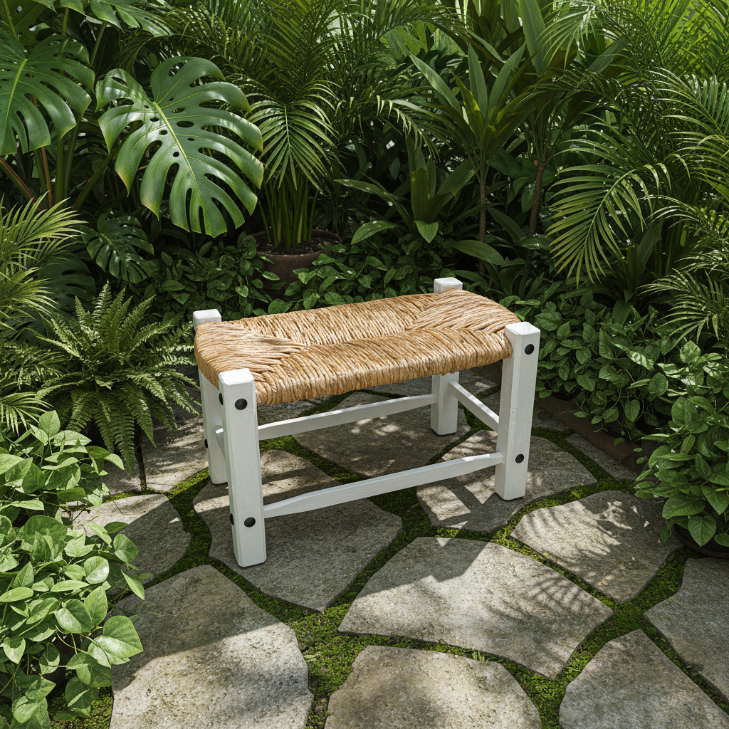 Banca artesanal blanca con tule en jardín tropical con plantas