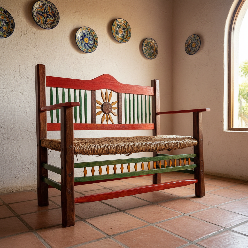 Banco girasoles en sala hacienda con talavera y ventana arqueada